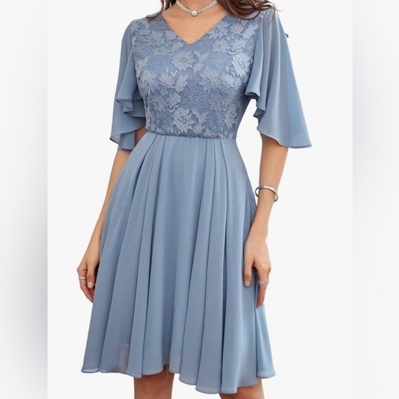 NEW| Women's Chiffon Flutter Sleeves Pleated V-Neck Lace Cocktail Dress - Picture 6 of 7